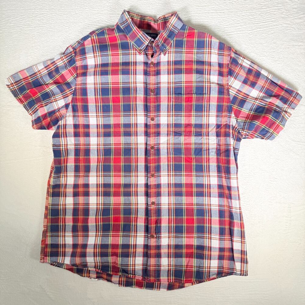 Lands' End Men's Short Sleeve Red‎ Blue Plaid Button Down XL 17-17 1/2